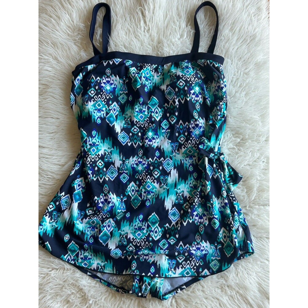 Maxine of Hollywood Women's Size 16  Blue Print One Piece Skirted Swimsuit